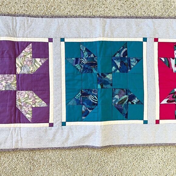 Handmade Quilted Patchwork Table Runner Pinwheel Jewel Tone Red Purple Blue - Picture 2 of 11